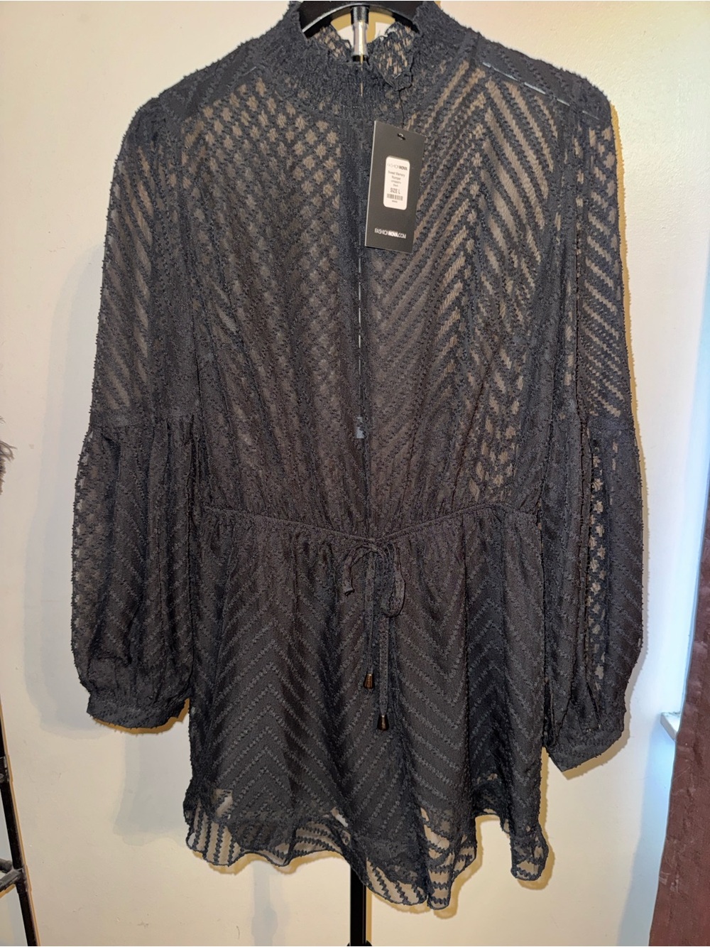 Fashion Nova Black Sheer Tie-Waist Long-Sleeve Tunic